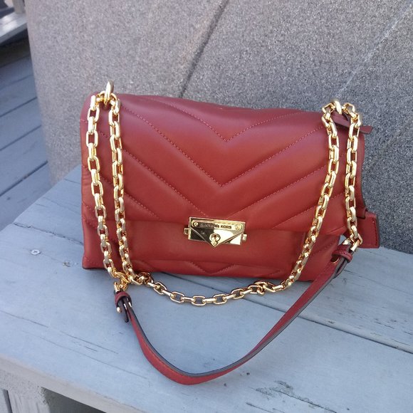 Michael Kors Cece Chevron Quilted Leather Chain Medium Shoulder Bag Purse Berry - Picture 1 of 13